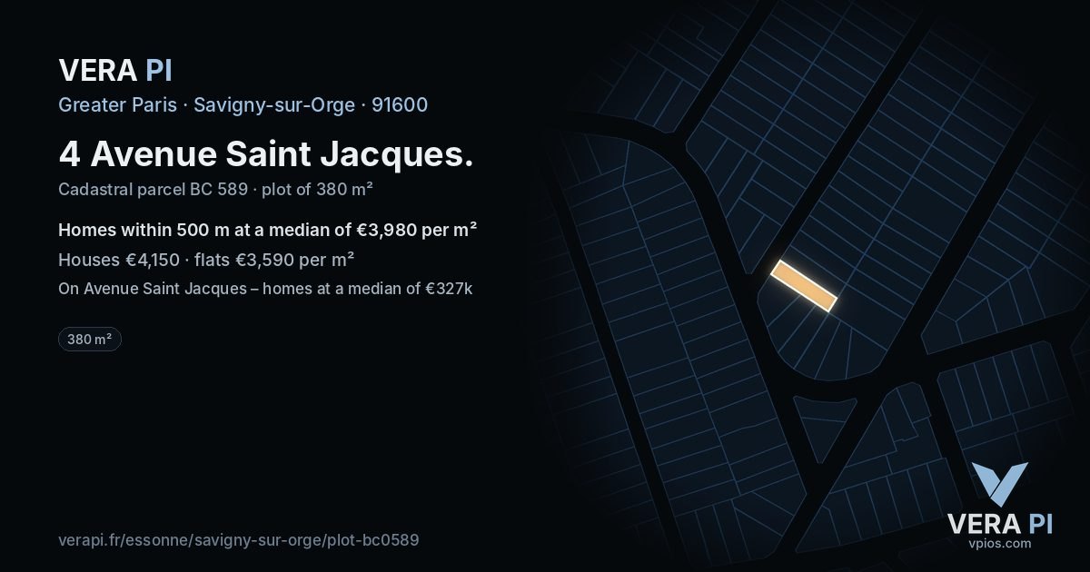 4 Avenue Saint Jacques, Savigny-sur-Orge at night – the plot lit, the parcels around coloured by the prices near them