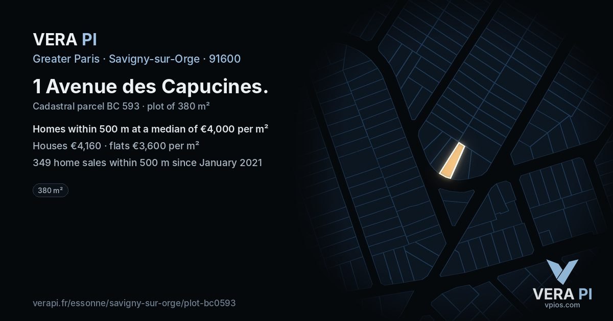 1 Avenue des Capucines, Savigny-sur-Orge at night – the plot lit, the parcels around coloured by the prices near them