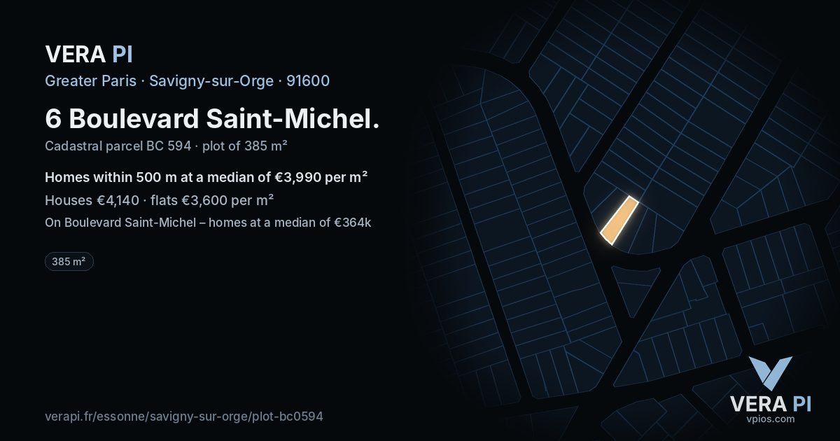 6 Boulevard Saint-Michel, Savigny-sur-Orge at night – the plot lit, the parcels around coloured by the prices near them