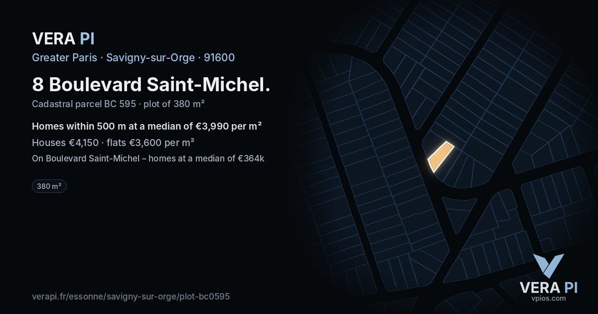 8 Boulevard Saint-Michel, Savigny-sur-Orge at night – the plot lit, the parcels around coloured by the prices near them