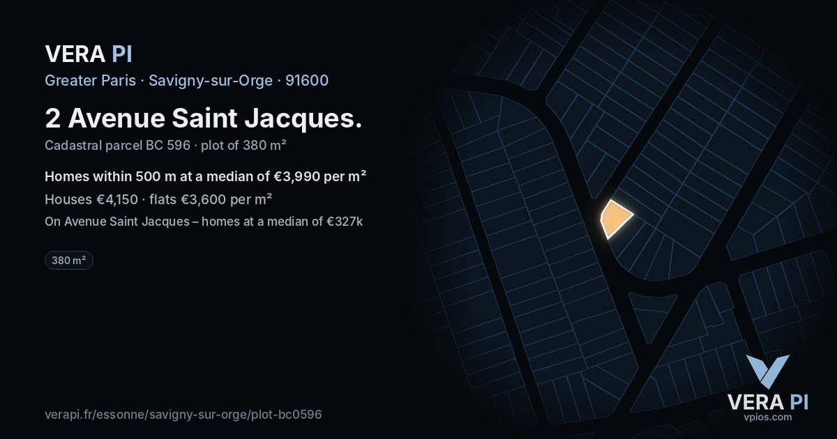 2 Avenue Saint Jacques, Savigny-sur-Orge at night – the plot lit, the parcels around coloured by the prices near them