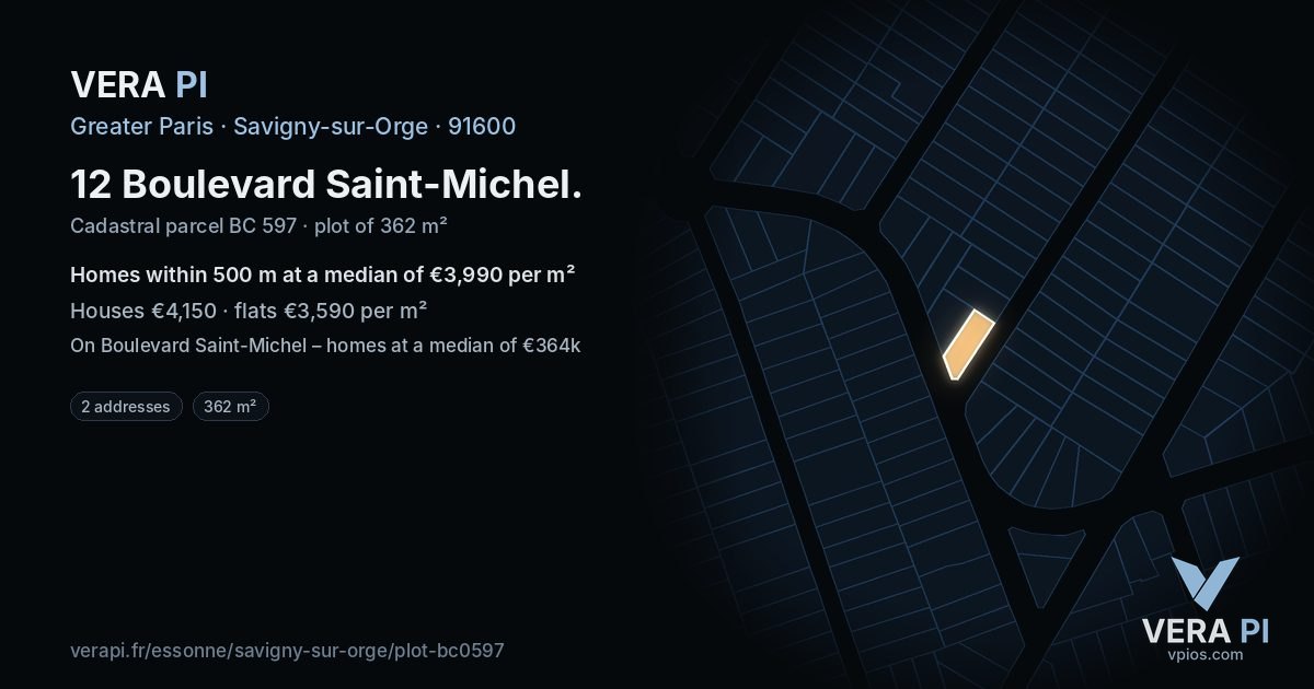 12 Boulevard Saint-Michel, Savigny-sur-Orge at night – the plot lit, the parcels around coloured by the prices near them