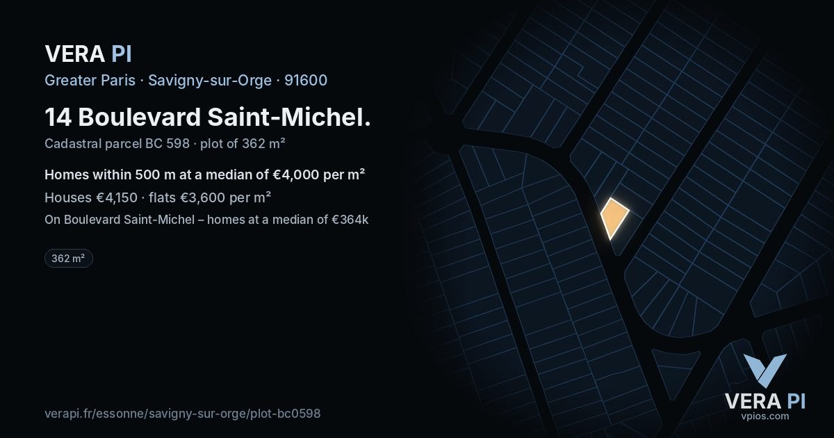 14 Boulevard Saint-Michel, Savigny-sur-Orge at night – the plot lit, the parcels around coloured by the prices near them