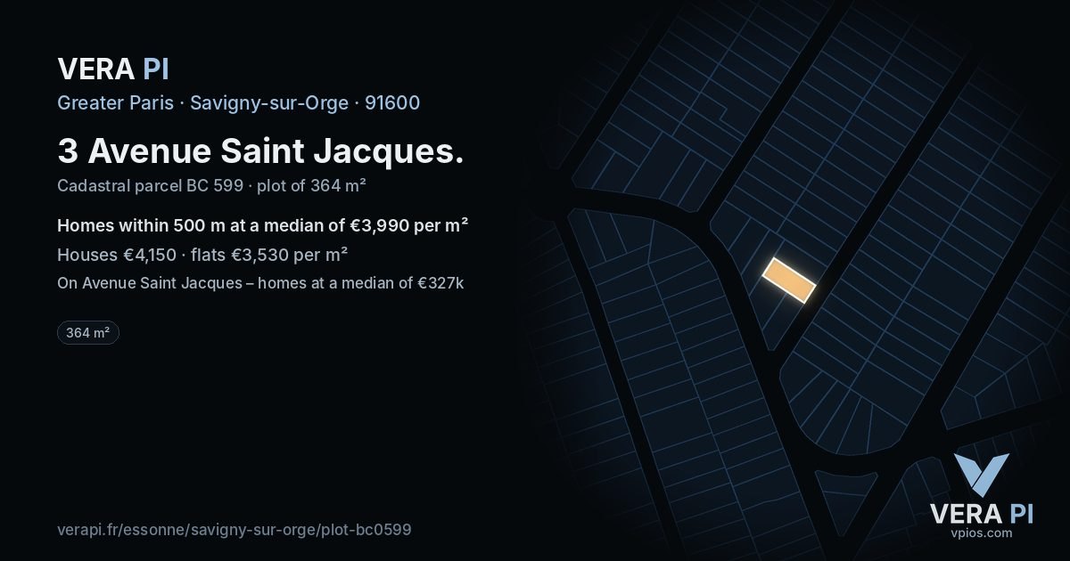3 Avenue Saint Jacques, Savigny-sur-Orge at night – the plot lit, the parcels around coloured by the prices near them