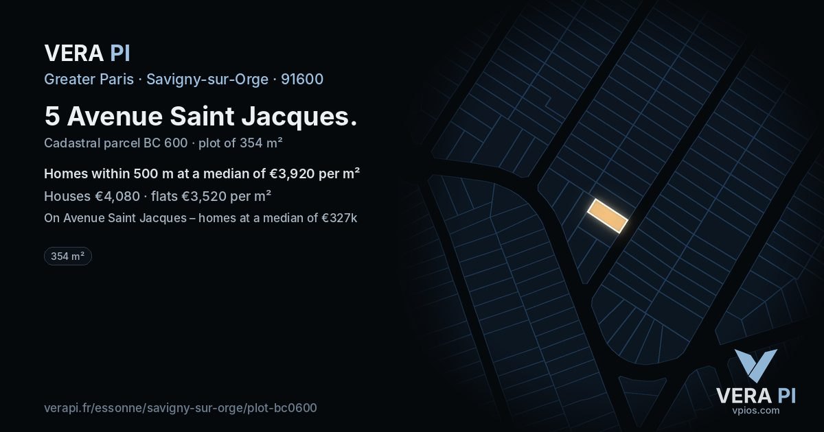 5 Avenue Saint Jacques, Savigny-sur-Orge at night – the plot lit, the parcels around coloured by the prices near them