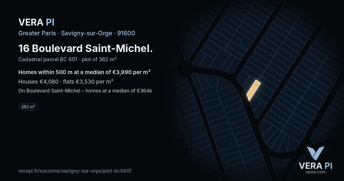 16 Boulevard Saint-Michel, Savigny-sur-Orge at night – the plot lit, the parcels around coloured by the prices near them