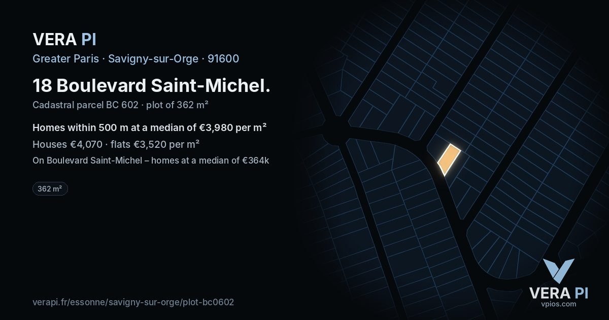 18 Boulevard Saint-Michel, Savigny-sur-Orge at night – the plot lit, the parcels around coloured by the prices near them