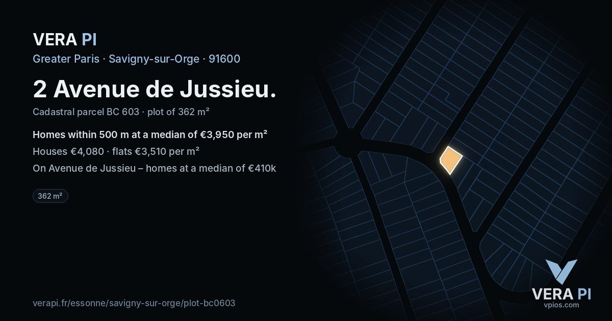 2 Avenue de Jussieu, Savigny-sur-Orge at night – the plot lit, the parcels around coloured by the prices near them