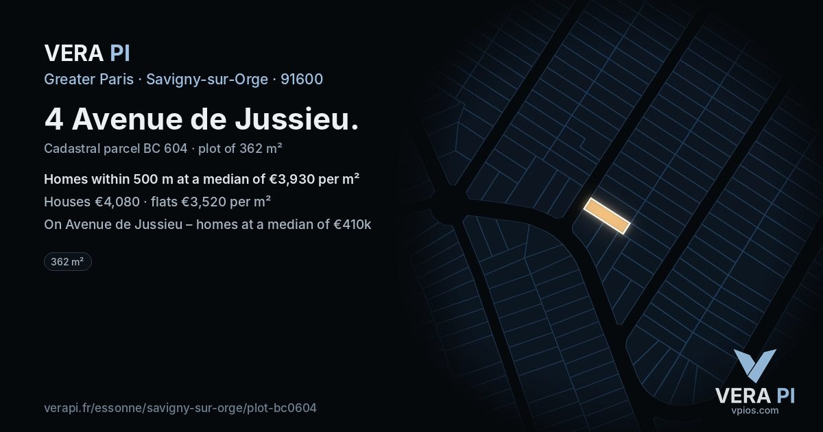 4 Avenue de Jussieu, Savigny-sur-Orge at night – the plot lit, the parcels around coloured by the prices near them