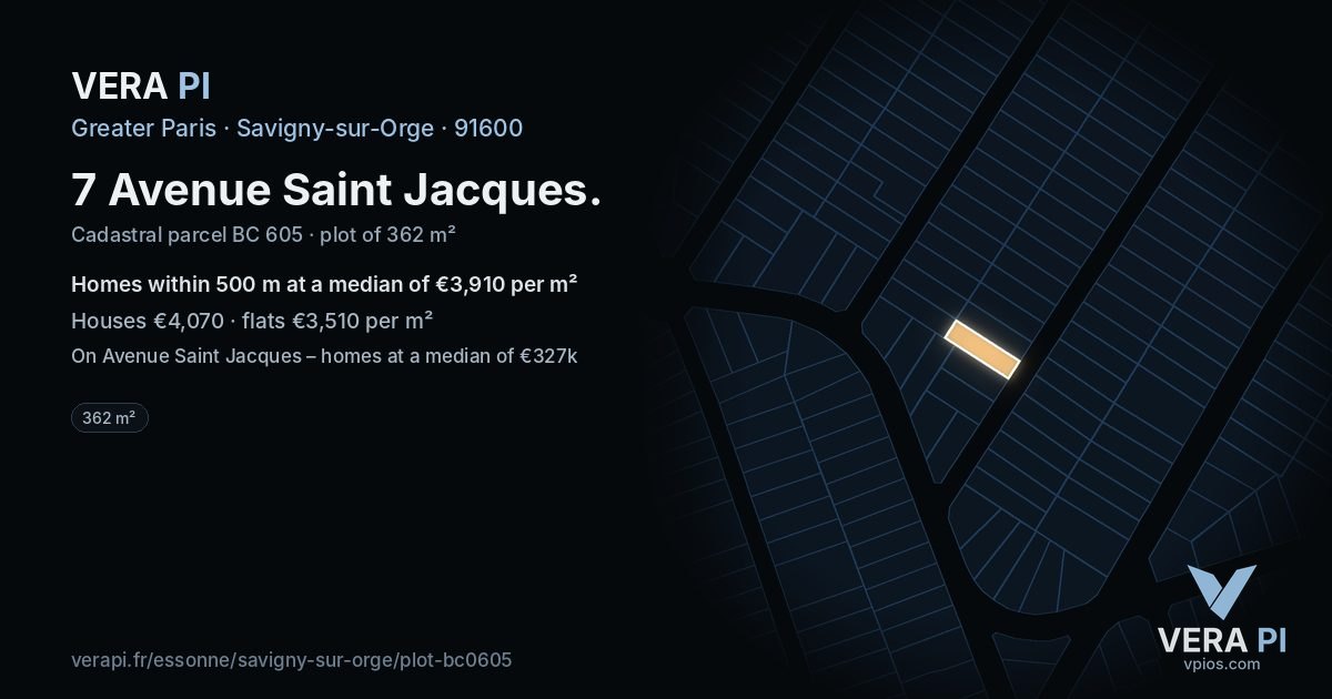 7 Avenue Saint Jacques, Savigny-sur-Orge at night – the plot lit, the parcels around coloured by the prices near them