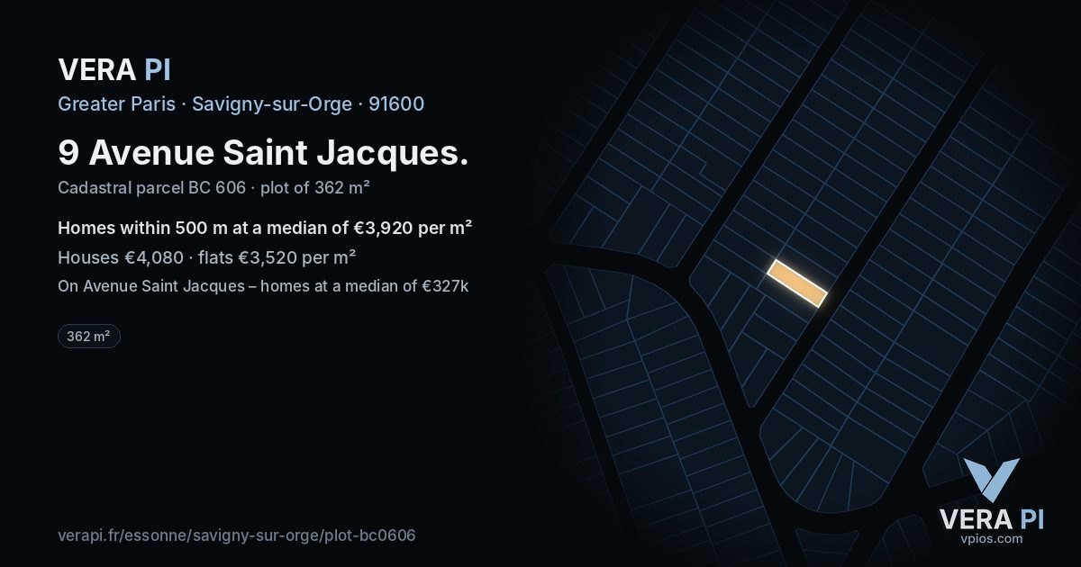 9 Avenue Saint Jacques, Savigny-sur-Orge at night – the plot lit, the parcels around coloured by the prices near them