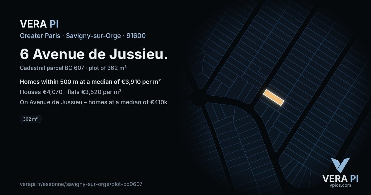 6 Avenue de Jussieu, Savigny-sur-Orge at night – the plot lit, the parcels around coloured by the prices near them