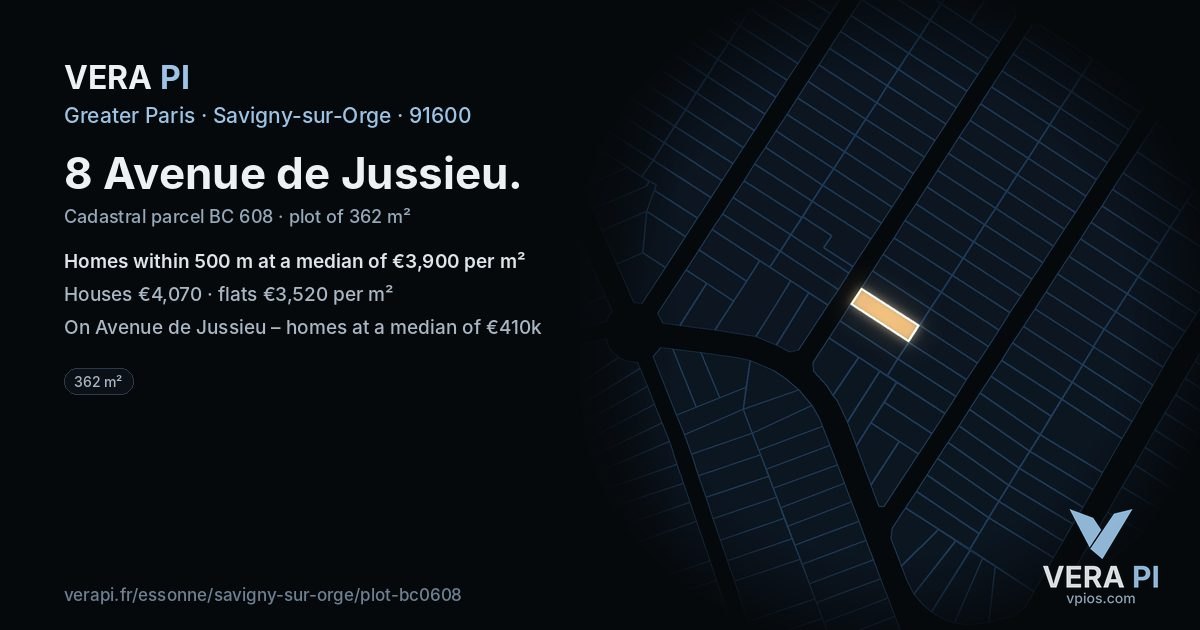 8 Avenue de Jussieu, Savigny-sur-Orge at night – the plot lit, the parcels around coloured by the prices near them
