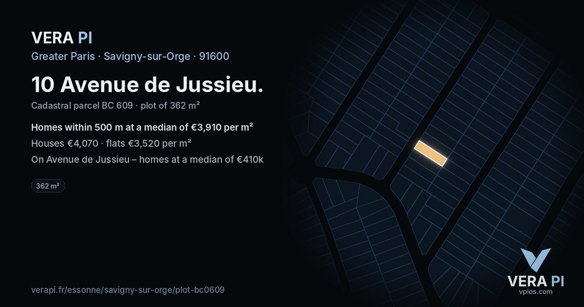 10 Avenue de Jussieu, Savigny-sur-Orge at night – the plot lit, the parcels around coloured by the prices near them