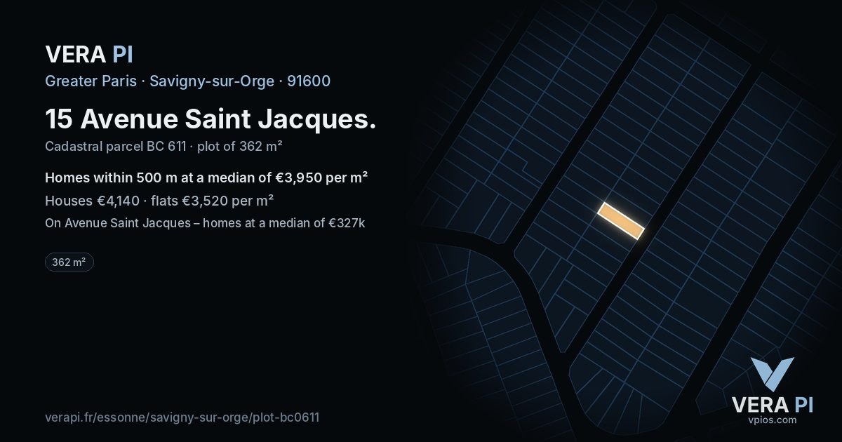 15 Avenue Saint Jacques, Savigny-sur-Orge at night – the plot lit, the parcels around coloured by the prices near them