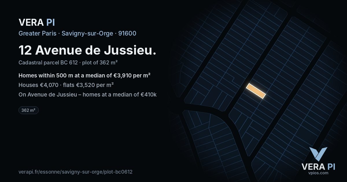 12 Avenue de Jussieu, Savigny-sur-Orge at night – the plot lit, the parcels around coloured by the prices near them