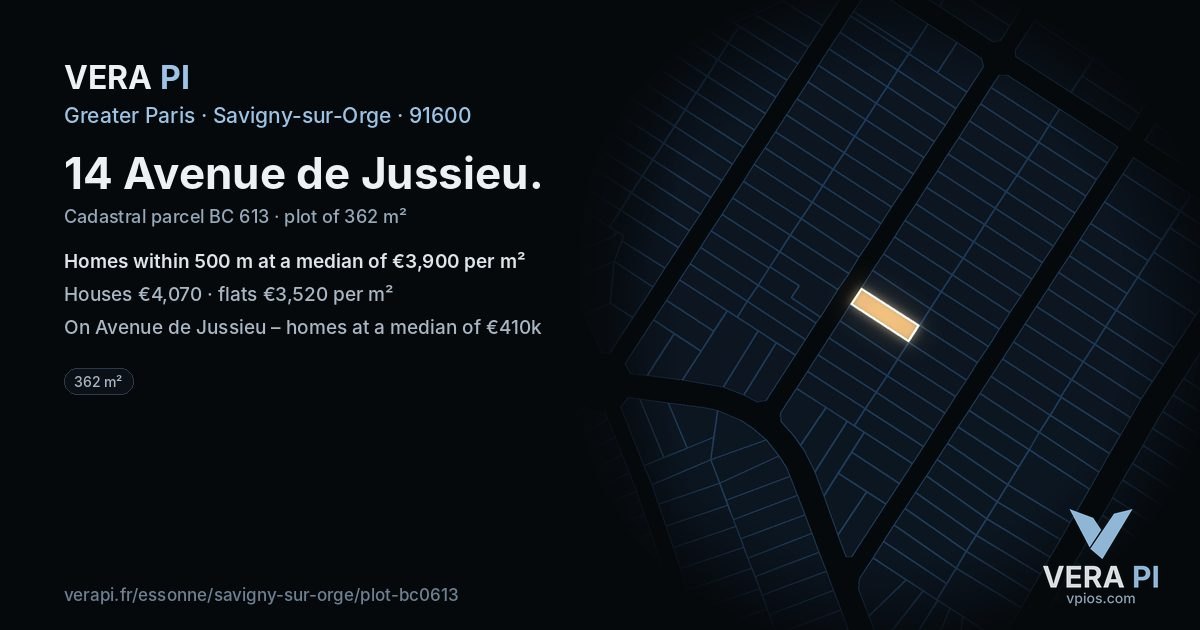 14 Avenue de Jussieu, Savigny-sur-Orge at night – the plot lit, the parcels around coloured by the prices near them