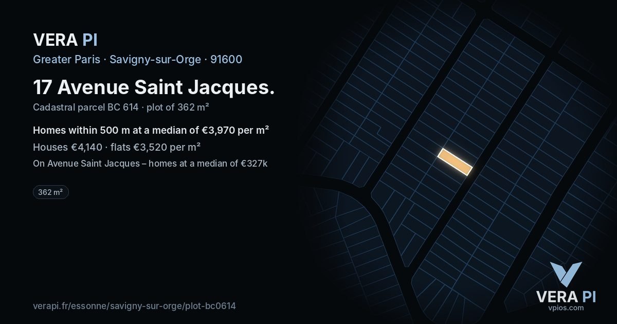 17 Avenue Saint Jacques, Savigny-sur-Orge at night – the plot lit, the parcels around coloured by the prices near them