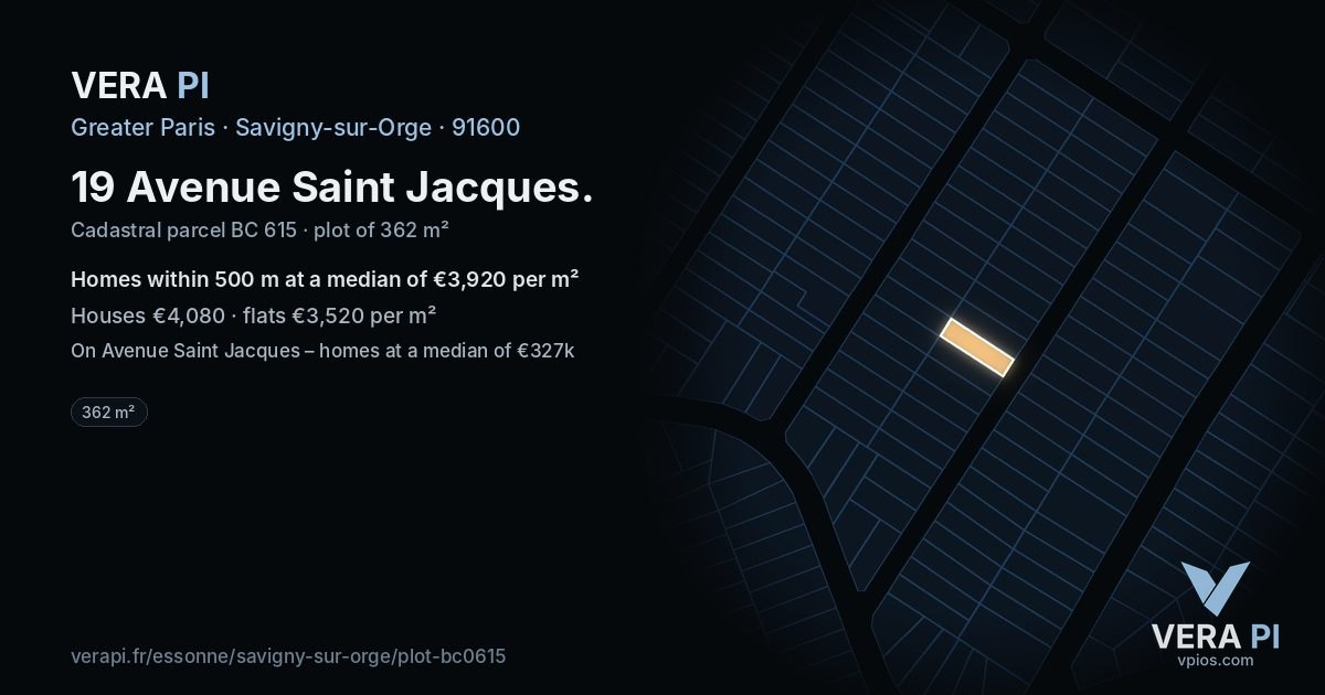 19 Avenue Saint Jacques, Savigny-sur-Orge at night – the plot lit, the parcels around coloured by the prices near them