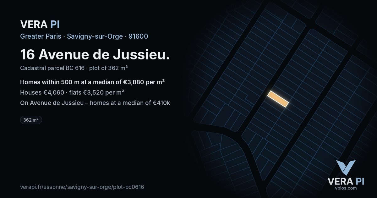 16 Avenue de Jussieu, Savigny-sur-Orge at night – the plot lit, the parcels around coloured by the prices near them