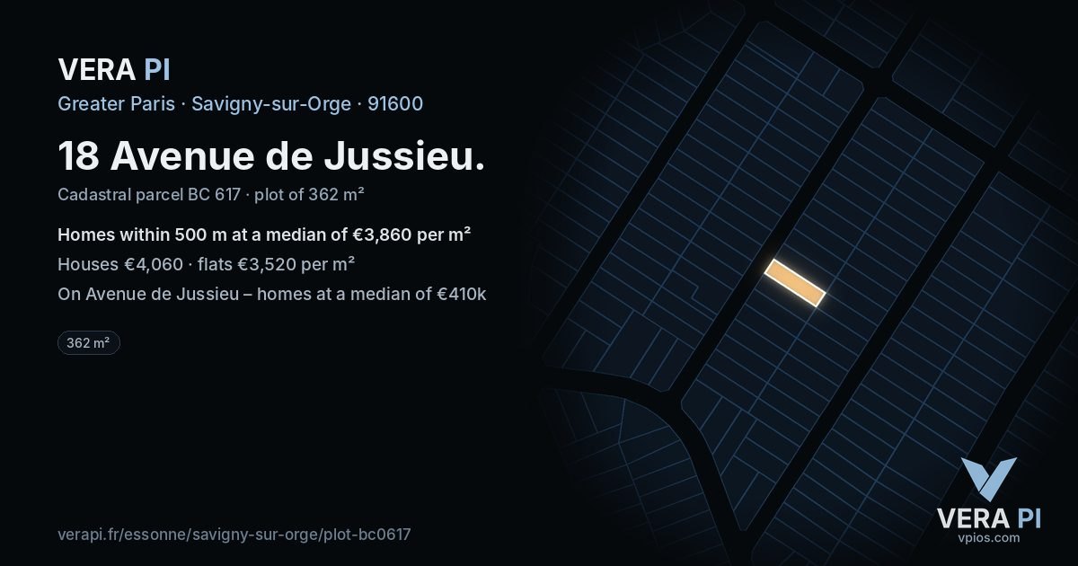 18 Avenue de Jussieu, Savigny-sur-Orge at night – the plot lit, the parcels around coloured by the prices near them