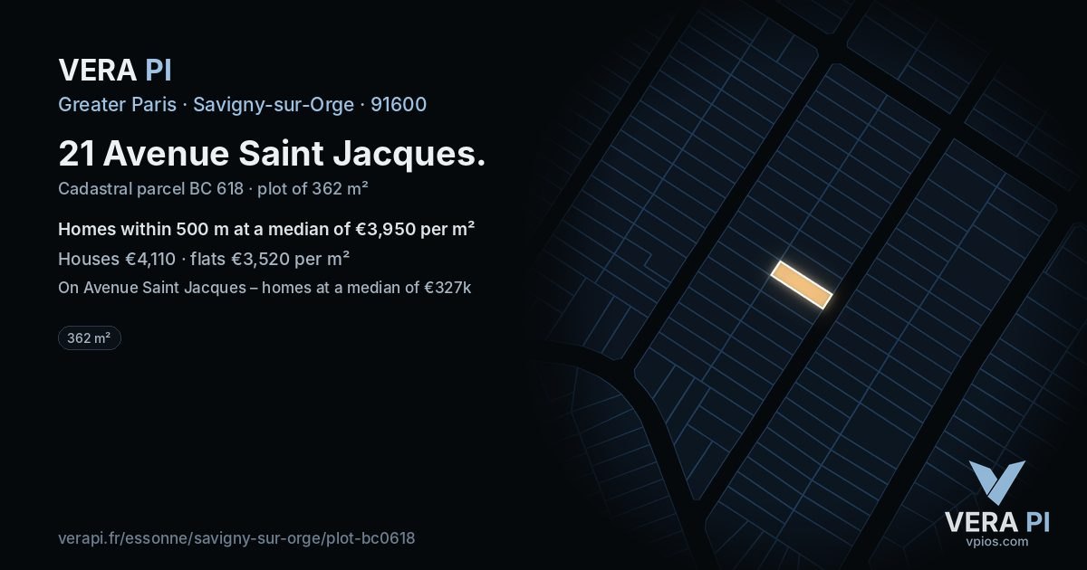 21 Avenue Saint Jacques, Savigny-sur-Orge at night – the plot lit, the parcels around coloured by the prices near them