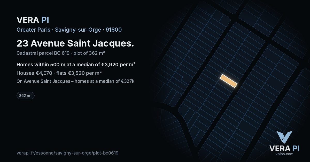 23 Avenue Saint Jacques, Savigny-sur-Orge at night – the plot lit, the parcels around coloured by the prices near them