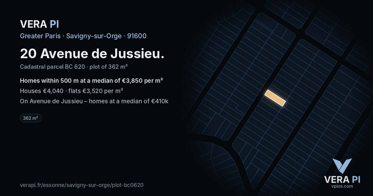 20 Avenue de Jussieu, Savigny-sur-Orge at night – the plot lit, the parcels around coloured by the prices near them