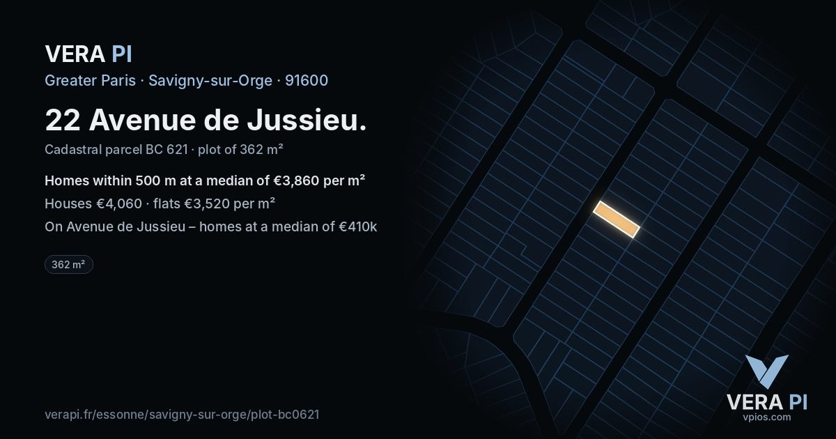 22 Avenue de Jussieu, Savigny-sur-Orge at night – the plot lit, the parcels around coloured by the prices near them