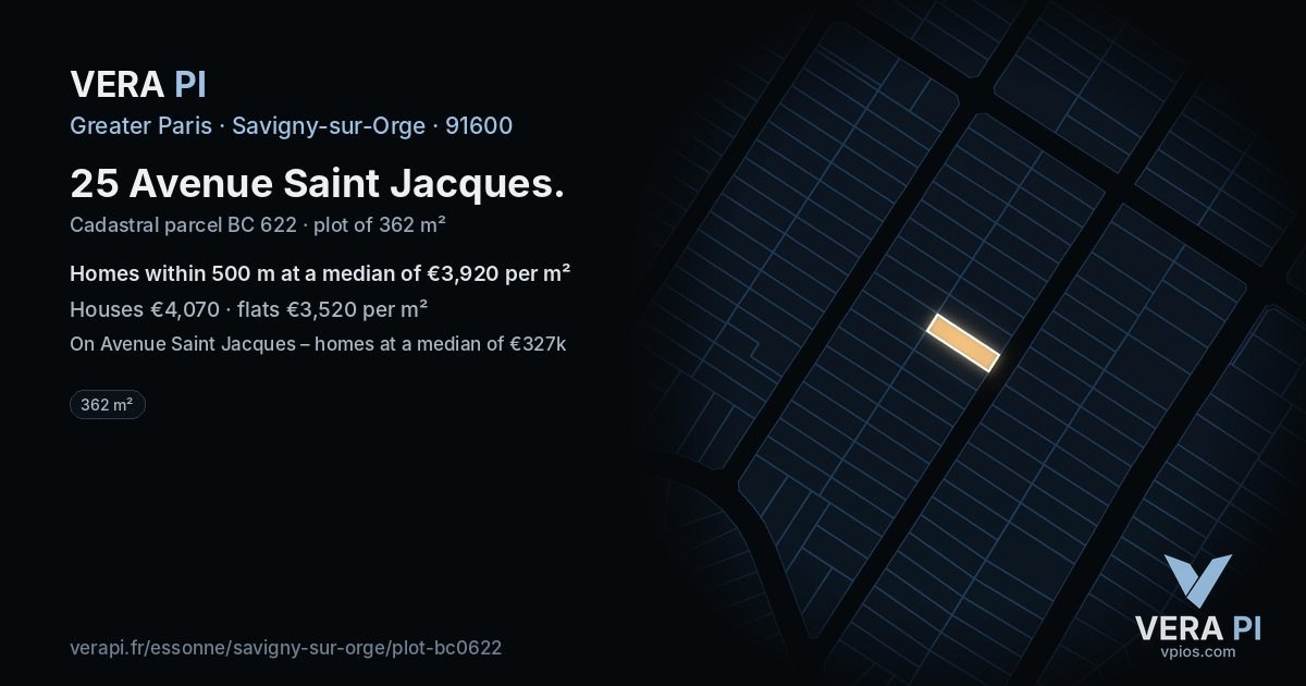 25 Avenue Saint Jacques, Savigny-sur-Orge at night – the plot lit, the parcels around coloured by the prices near them