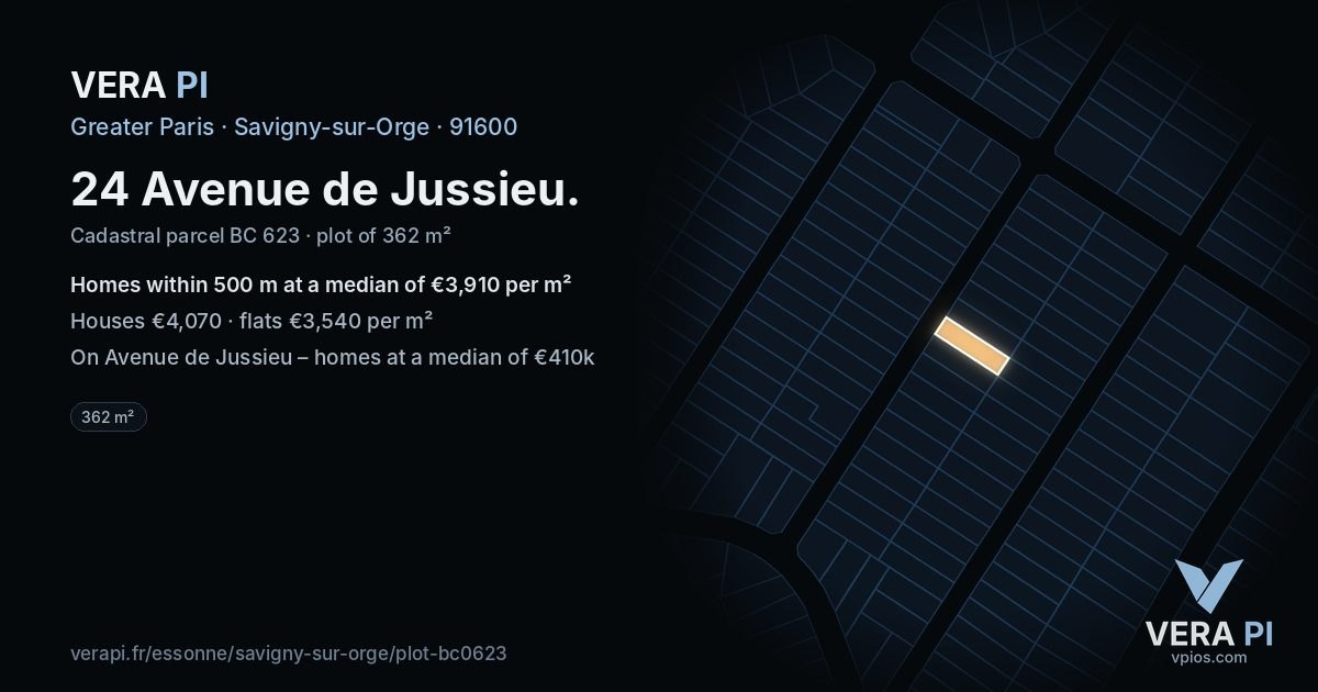 24 Avenue de Jussieu, Savigny-sur-Orge at night – the plot lit, the parcels around coloured by the prices near them