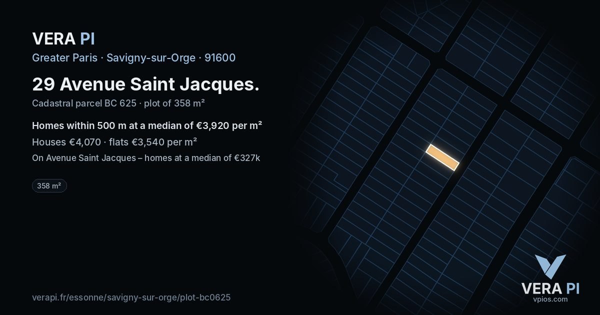 29 Avenue Saint Jacques, Savigny-sur-Orge at night – the plot lit, the parcels around coloured by the prices near them