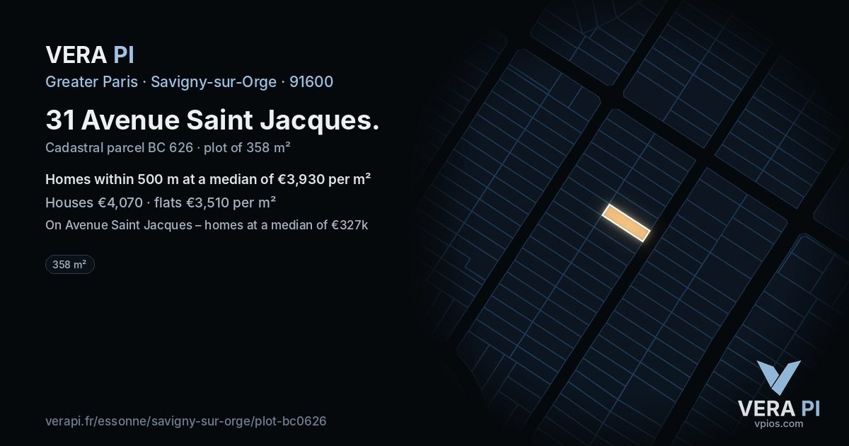 31 Avenue Saint Jacques, Savigny-sur-Orge at night – the plot lit, the parcels around coloured by the prices near them
