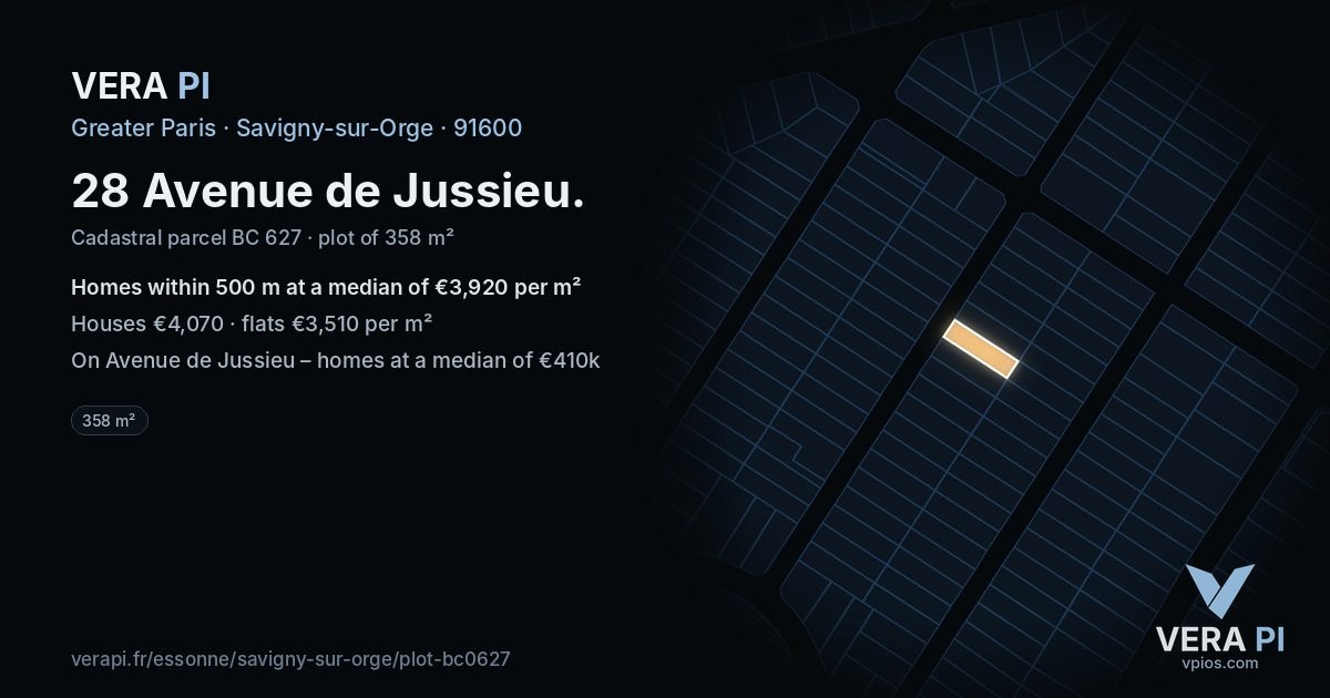 28 Avenue de Jussieu, Savigny-sur-Orge at night – the plot lit, the parcels around coloured by the prices near them
