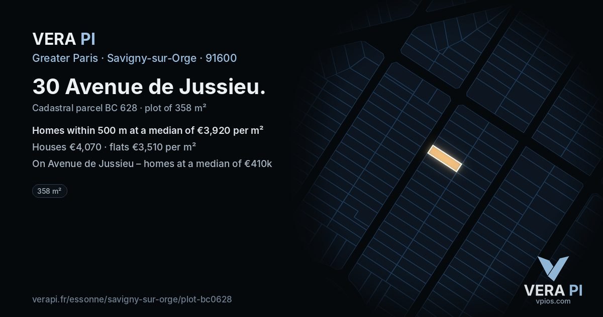 30 Avenue de Jussieu, Savigny-sur-Orge at night – the plot lit, the parcels around coloured by the prices near them
