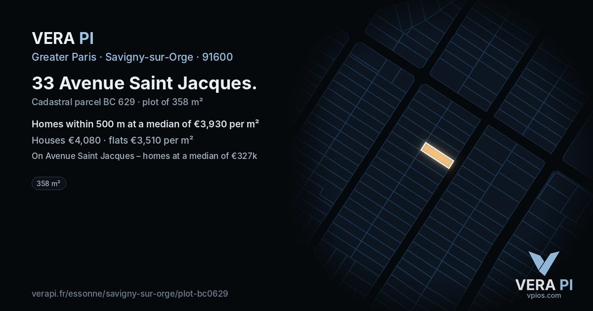 33 Avenue Saint Jacques, Savigny-sur-Orge at night – the plot lit, the parcels around coloured by the prices near them