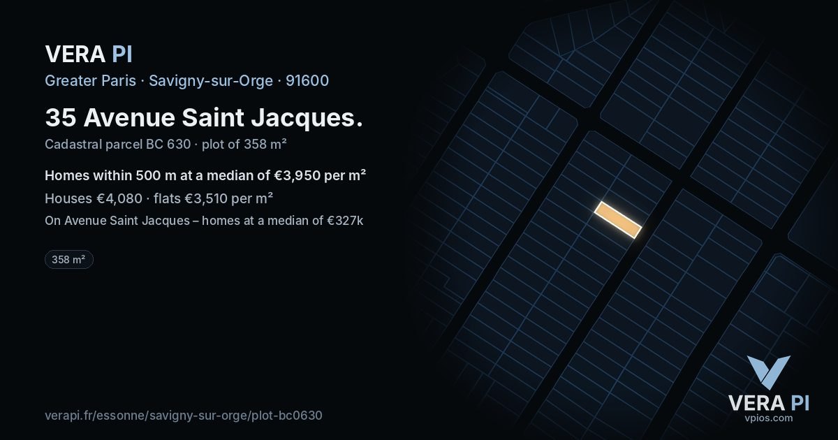 35 Avenue Saint Jacques, Savigny-sur-Orge at night – the plot lit, the parcels around coloured by the prices near them