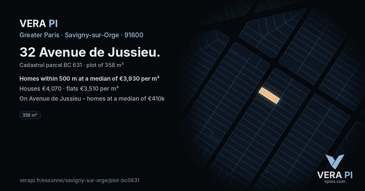 32 Avenue de Jussieu, Savigny-sur-Orge at night – the plot lit, the parcels around coloured by the prices near them