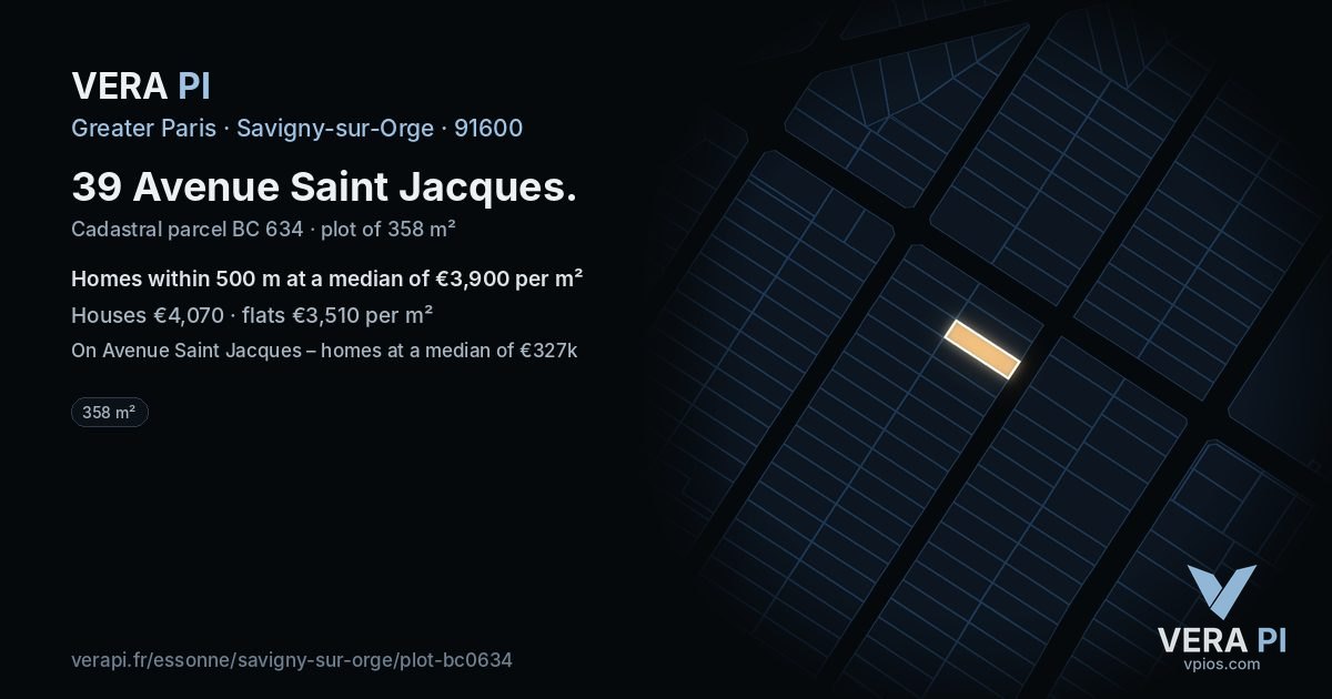 39 Avenue Saint Jacques, Savigny-sur-Orge at night – the plot lit, the parcels around coloured by the prices near them