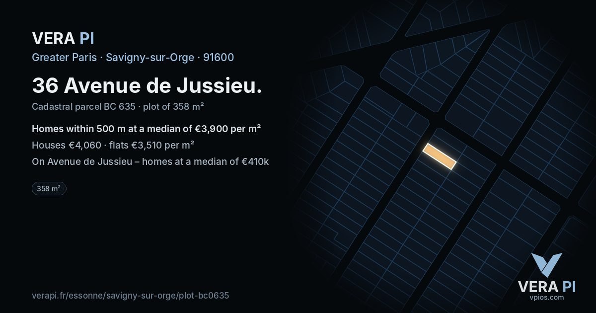 36 Avenue de Jussieu, Savigny-sur-Orge at night – the plot lit, the parcels around coloured by the prices near them