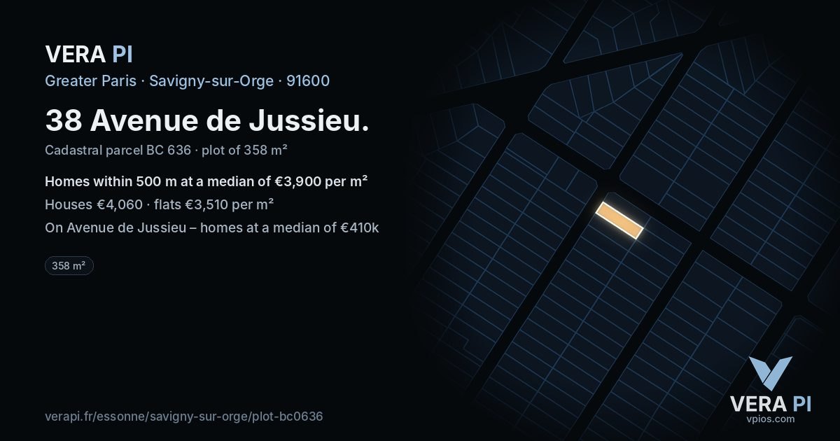 38 Avenue de Jussieu, Savigny-sur-Orge at night – the plot lit, the parcels around coloured by the prices near them