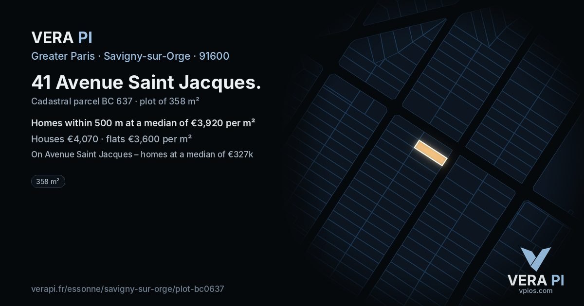 41 Avenue Saint Jacques, Savigny-sur-Orge at night – the plot lit, the parcels around coloured by the prices near them