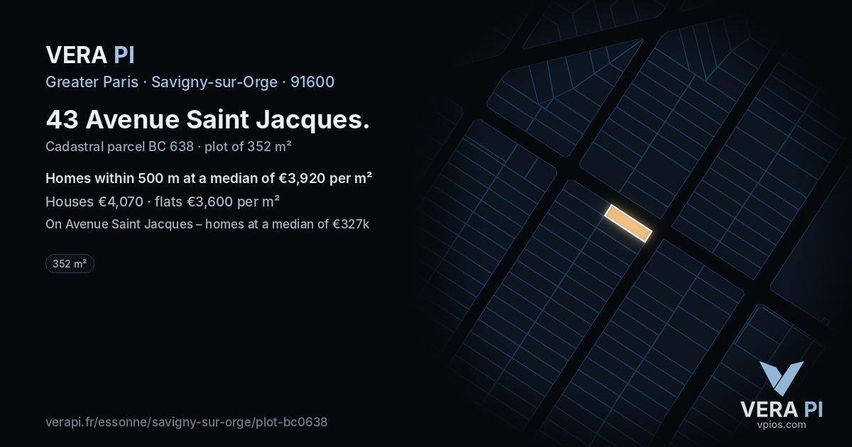 43 Avenue Saint Jacques, Savigny-sur-Orge at night – the plot lit, the parcels around coloured by the prices near them