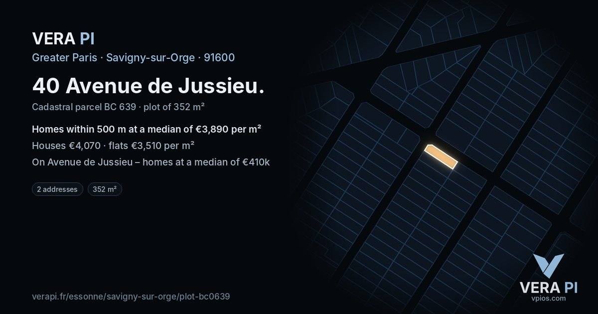 40 Avenue de Jussieu, Savigny-sur-Orge at night – the plot lit, the parcels around coloured by the prices near them