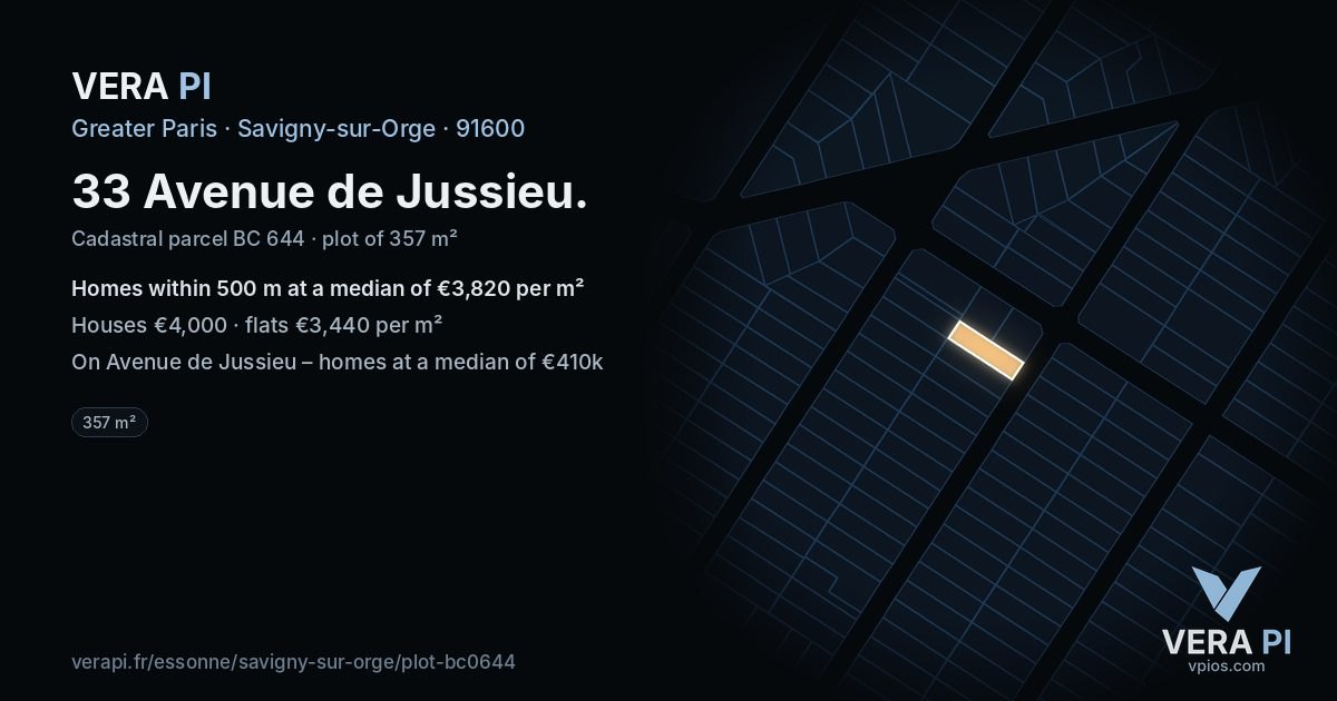 33 Avenue de Jussieu, Savigny-sur-Orge at night – the plot lit, the parcels around coloured by the prices near them