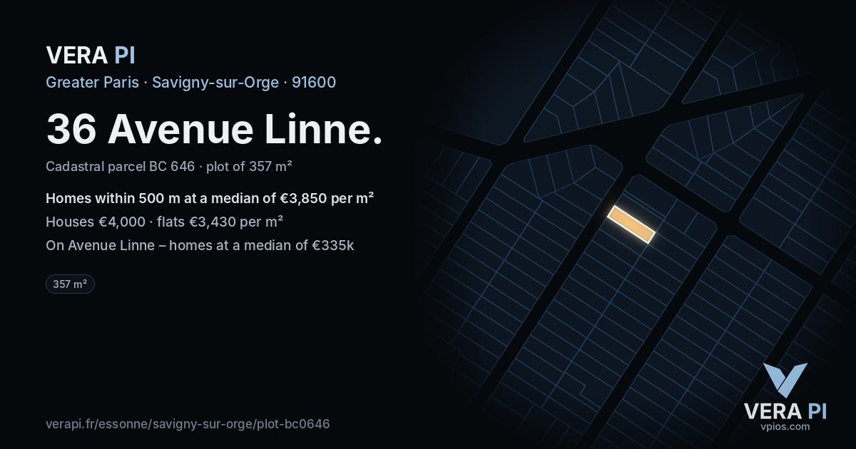 36 Avenue Linne, Savigny-sur-Orge at night – the plot lit, the parcels around coloured by the prices near them