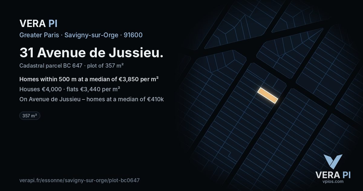 31 Avenue de Jussieu, Savigny-sur-Orge at night – the plot lit, the parcels around coloured by the prices near them