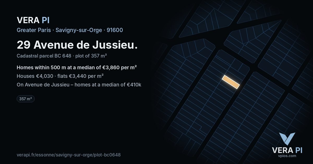 29 Avenue de Jussieu, Savigny-sur-Orge at night – the plot lit, the parcels around coloured by the prices near them