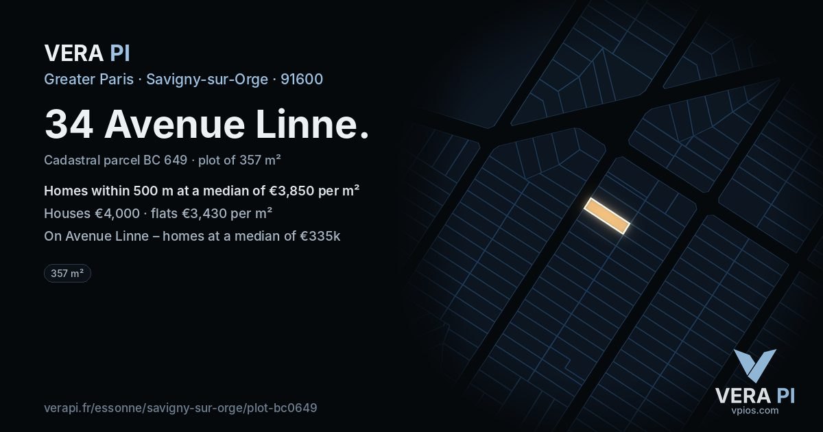 34 Avenue Linne, Savigny-sur-Orge at night – the plot lit, the parcels around coloured by the prices near them