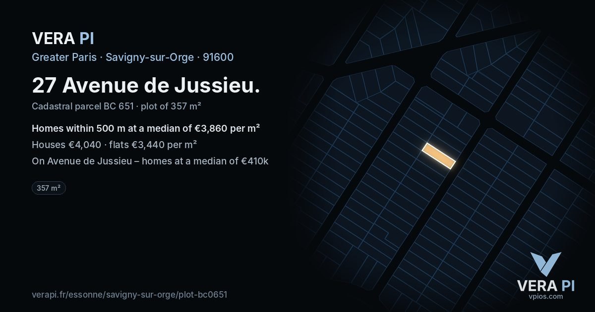 27 Avenue de Jussieu, Savigny-sur-Orge at night – the plot lit, the parcels around coloured by the prices near them